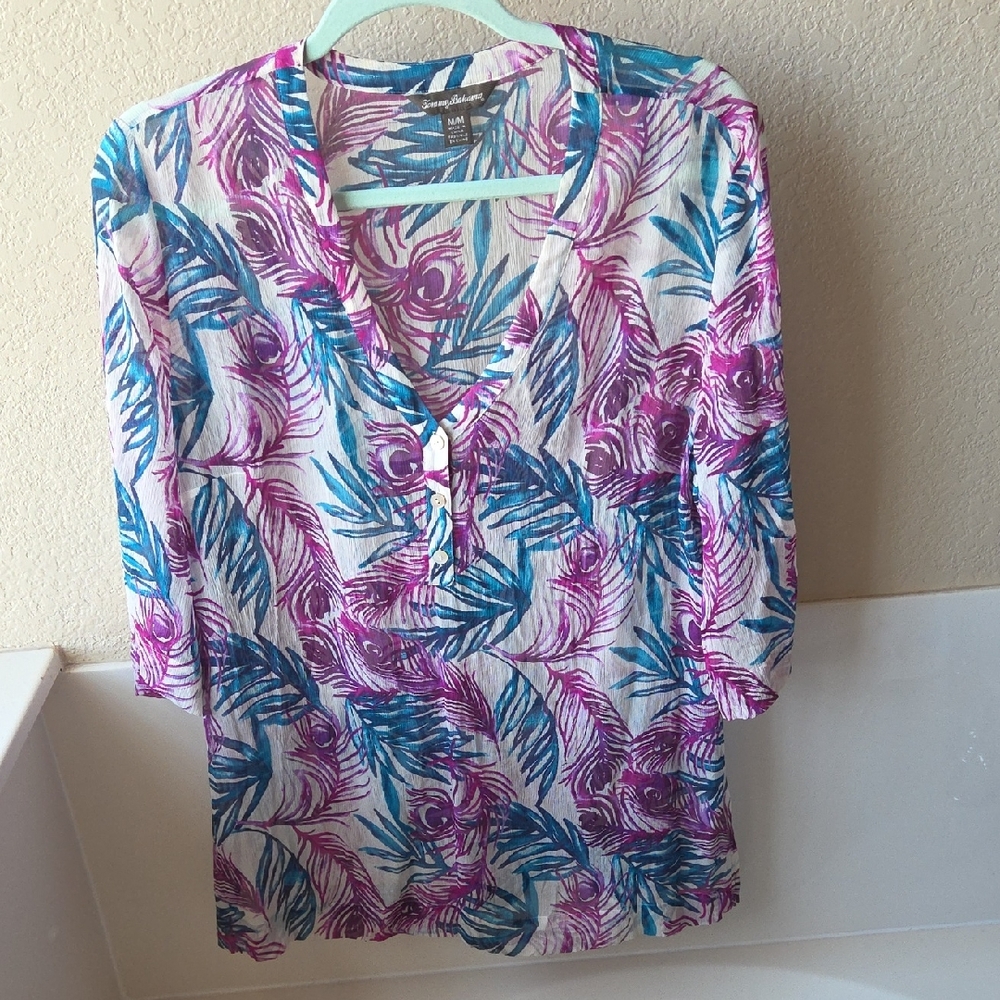 Silk Tommy Bahama Pink and Blue 3/4 Sleeve Buttoned Blouse